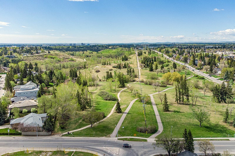 Drone image of a Calgary luxury neighborhood