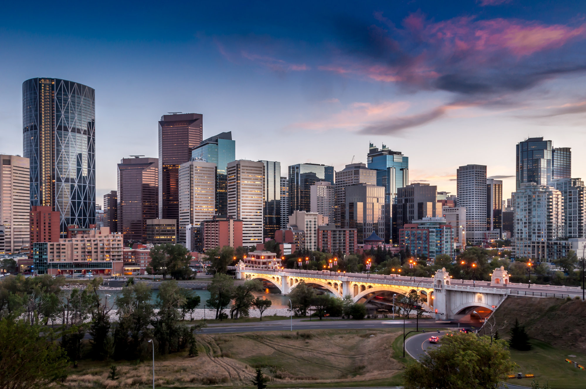 A view of downtown Calgary from the north side of the Bow River