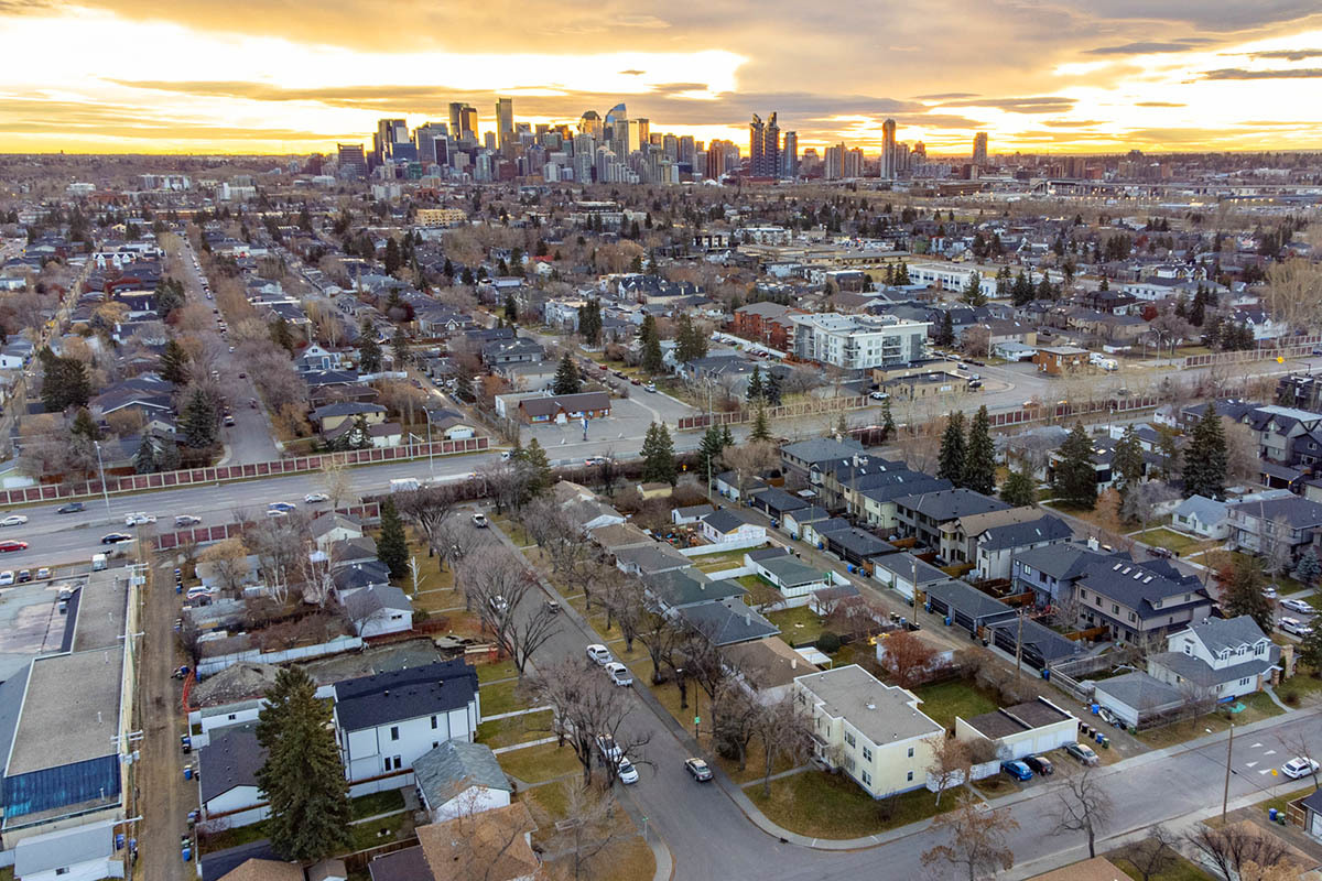 An aerial view of the Hillhurst family friendly neighborhood in Calgary