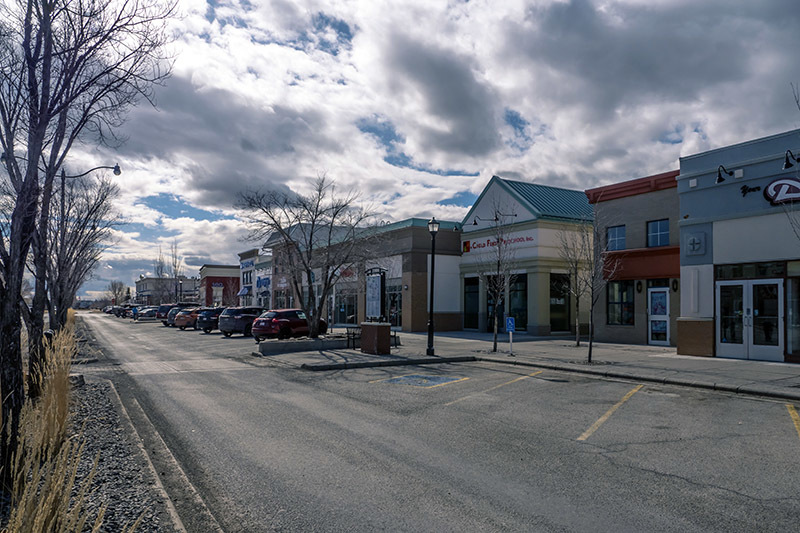 A street view of McKenzie Towne Calgary, a residential and commercial neighbourhood in the Southeast quandrant