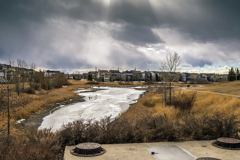 A photo of Stillwater Pond with homes for sale in the background in Copperfield, Calgary, Alberta, Canada