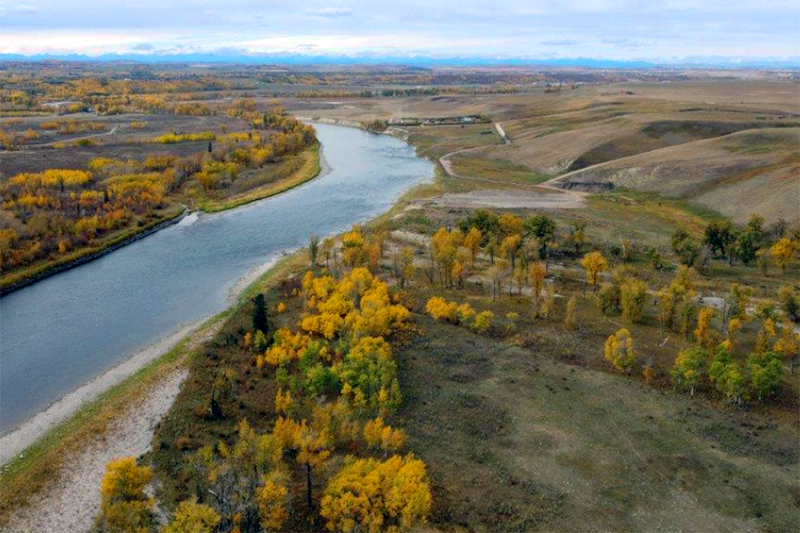 An aerial view of the Bow River and future site of Nostalgia Calgary, AB in the Ricardo Ranch area