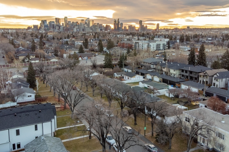 Aerial photograph of residential streets with homes for sale in West Hillhurst, Calgary, AB, Canada